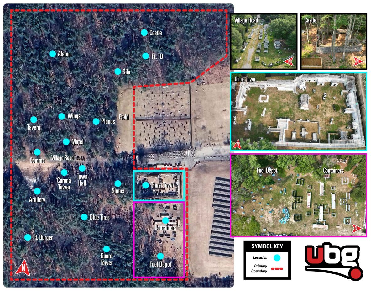 Aerial map of the UBG playing field with labelled locations: Castle, Alamo, Ft. TB, Silo, Wings, Tavern, Planes, Field, Motel, Comms, Village Road, Corona Tower, Town Hall, Slums, Artillery, Blue Tires, Ft. Burger, Guard Tower, Ghost Town, Containers and Fuel Depot